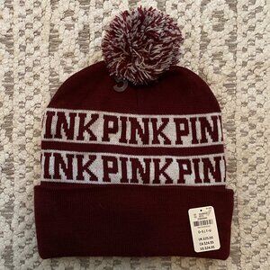 PINK Victoria Secret Winter Cap w/Pompom, NWT, 100% Acrylic, Bottom is 8.25" W